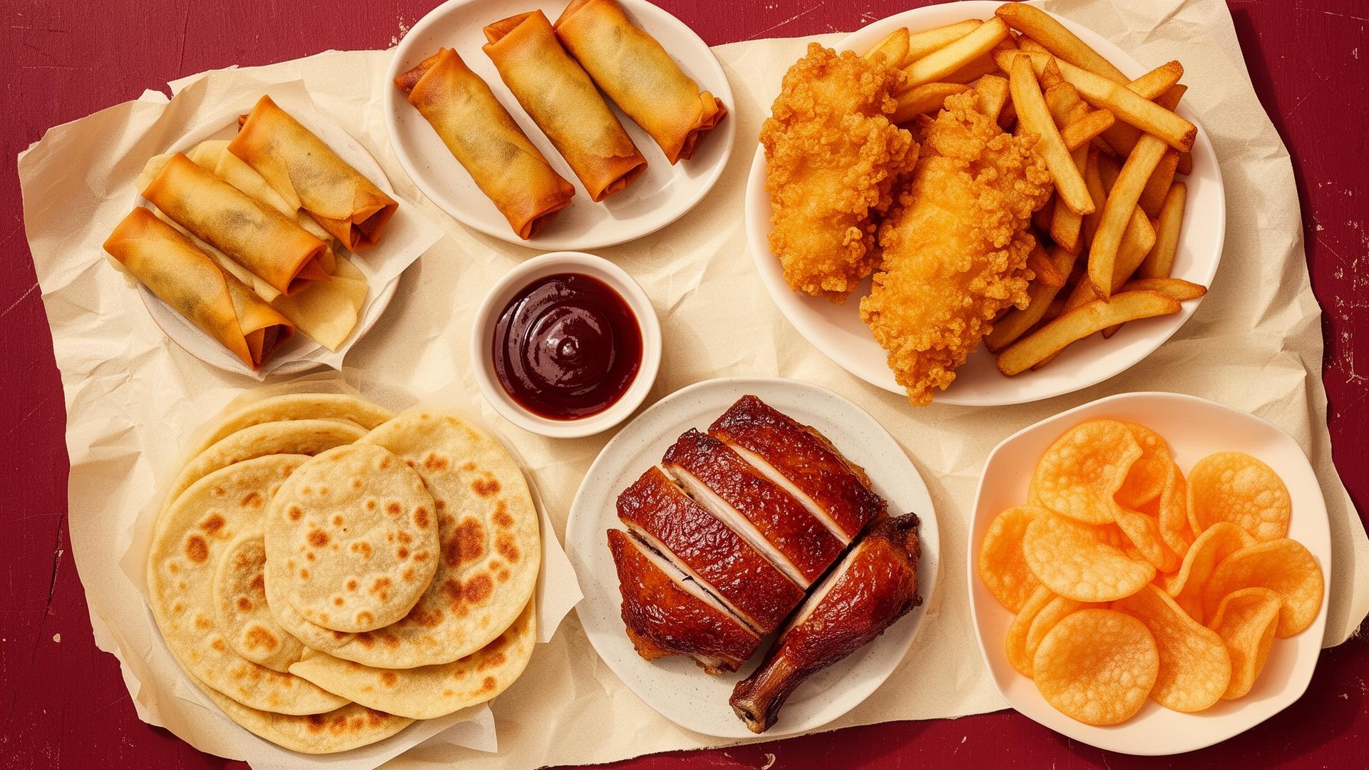 Chinese takeaway spread of spring rolls, crispy duck, fish and chips, and prawn crackers